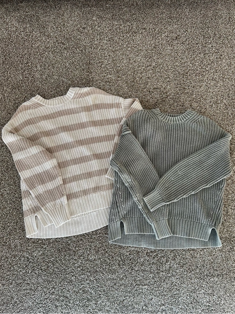 American Eagle striped cream and muted olive green cable knit sweaters